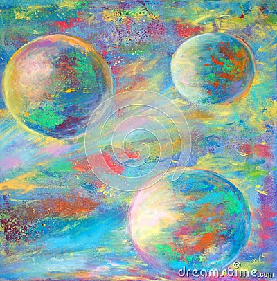 Three variegated planets in multicolored space Vector Illustration