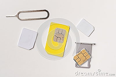 the three various sim cards - nano, micro, mini and normal sim, 5g or 4g wireless technology Stock Photo