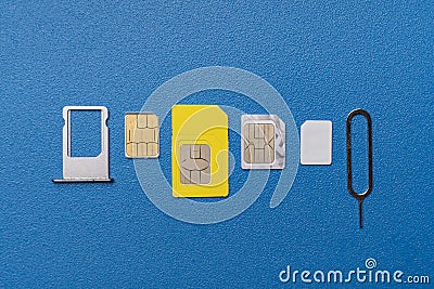 the three various sim cards - nano, micro, mini and normal sim, 5g or 4g wireless technology Stock Photo