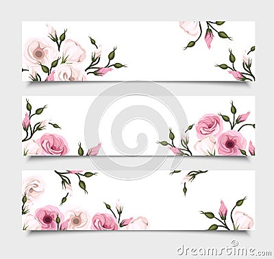 Three vector banners with pink lisianthus flowers. Vector Illustration