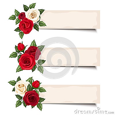 Three vector banners with red and white roses. Vector Illustration