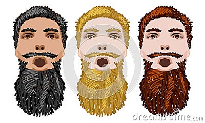 Three Vector Bearded Men Faces Vector Illustration