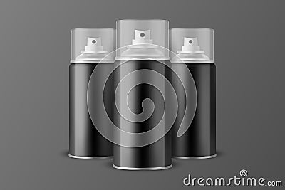 Three Vector 3d Realistic Black Aluminum Blank Spray Can, Bottle, Transparent Lid Isolated. Small, Medium, Big Size Vector Illustration