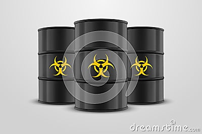 Three Vector 3d Realistic Black Simple Glossy Enamel Metal Oil, Fuel, Gasoline Barrels with Yellow Biohazard Sign Vector Illustration