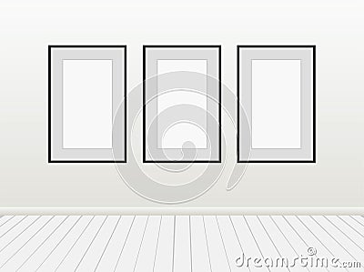 Three Vector Empty Blank White Mock Up Posters Pictures Black Frames on a Wall. Vector Illustration