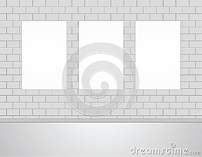 Three Vector Empty Blank White Mock Up Posters Pictures on a Wall. Vector Illustration