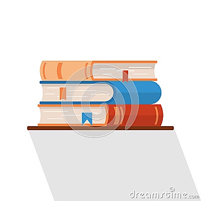 Three vector isolated flat books on the shelf. Icon or desing element for study project Vector Illustration