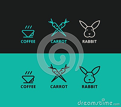 Three vector logos of rabbit, carrot, coffee Vector Illustration