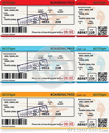 Three vector templates of boarding pass tickets Vector Illustration