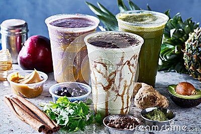 Three vegan smoothies with matcha, acia and guarana Stock Photo