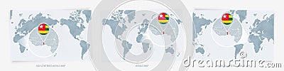 Three versions of the World Map with the enlarged map of Togo with flag Vector Illustration