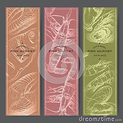 Three vertical banners with fish, shrimps, lobster, oysters silver sketches. Vector Illustration