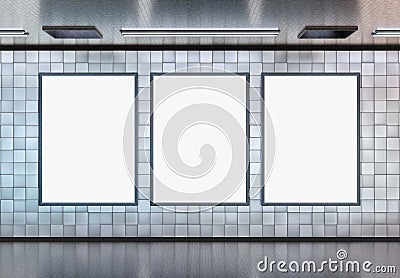 Three vertical billboards on underground subway wall Mockup. Hoardings advertising triptych on train station 3D rendering Stock Photo