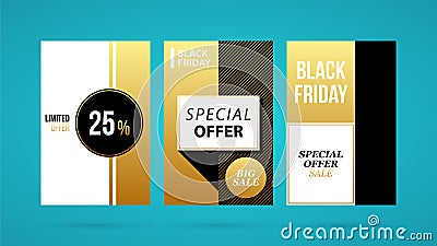 Three vertical Black Friday banners/posters in golden style Vector Illustration
