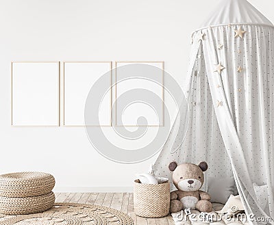 Three vertical frames in children room mock up, kids room design in farmhouse style Stock Photo