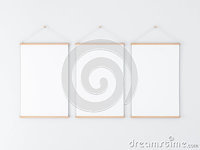 Three Vertical Roll up Posters Mockup hanging on the wall Stock Photo