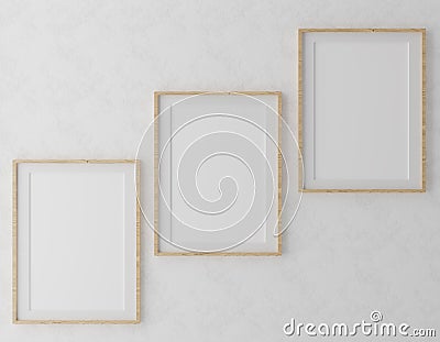 Three Vertical wooden frame mock up on white wall background with plants, 3d illustration Cartoon Illustration