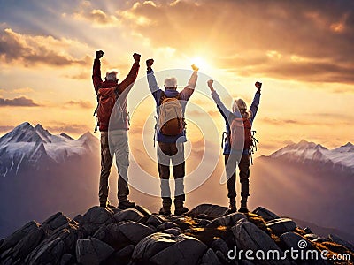 Three victorious senior mountaineers with hands raised on mountain top in sunset celebrating their accomplishment, Cartoon Illustration