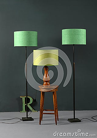 Three vintage lamps with green shades Stock Photo
