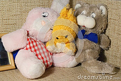 Three vintage soft toys of animal dolls Stock Photo