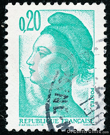 Three vintage stamp printed in France circa 1982 shows woman, the French symbol of Liberty Editorial Stock Photo