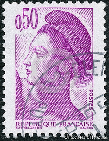 Three vintage stamp printed in France circa 1982 shows woman, the French symbol of Liberty Editorial Stock Photo