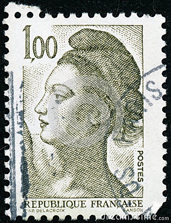Three vintage stamp printed in France circa 1982 shows woman, the French symbol of Liberty Editorial Stock Photo