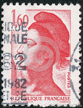 Three vintage stamp printed in France circa 1982 shows woman, the French symbol of Liberty Editorial Stock Photo