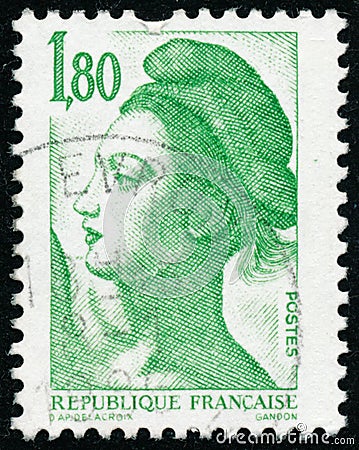 Three vintage stamp printed in France circa 1985 shows woman, the French symbol of Liberty Editorial Stock Photo