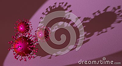 Three Virus purple model of respiratory syndrome coronavirus spotlighted with shadow Cartoon Illustration