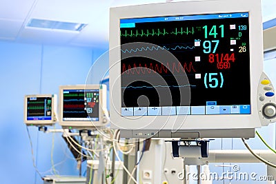 Three Vital Signs Monitors in Intensive Care Unit Stock Photo