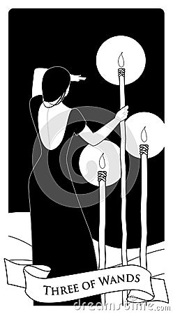 Three of wands. Tarot cards. Woman on her back, looking away, in the sea with three torches on sticks Vector Illustration