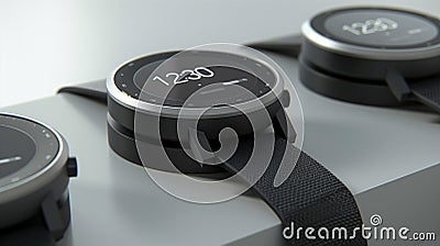 Three watches are displayed on a table, each with a different time displayed. Generative AI Stock Photo