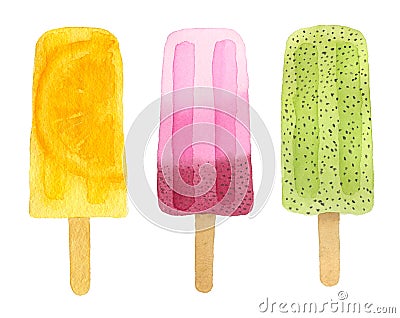 Three watercolor fruit popsicle Stock Photo