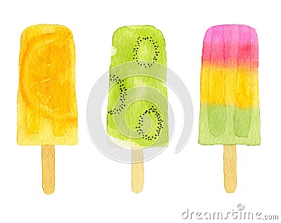 Three watercolor fruit popsicle Stock Photo