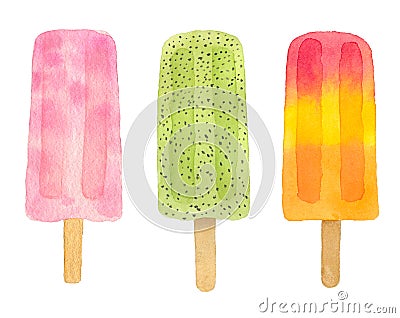 Three watercolor fruit popsicle Stock Photo