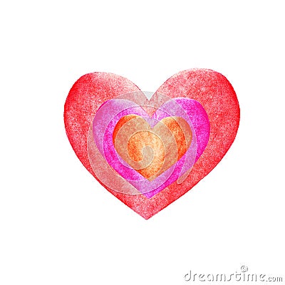 Three watercolor hearts red pink purple isolated on white background. Valentine love charity donation family Stock Photo