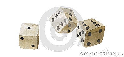 Three watercolor rolling dices, isolated, on white background Stock Photo