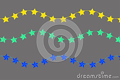 Three wavy lines of stars in yellow, teal, and blue colors on a gray background. Vector illustration. EPS 10. Vector Illustration
