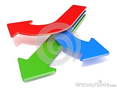 Three way arrows, showing three different directions. Blue left, red right and forward green arrows concept. 3D Cartoon Illustration