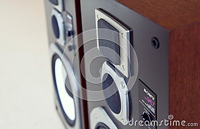 Three Way Big Audio Stereo Loud Speaker Closeup, loudspeaker pair Editorial Stock Photo