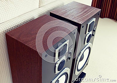 Three Way Big Audio Stereo Loud Speaker Closeup, loudspeaker pair Stock Photo