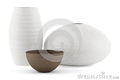 Three white and brown ceramic vases isolated on white Stock Photo