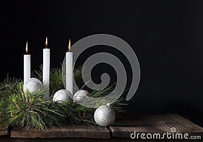 Three White Candles Christmas Ornaments Stock Photo