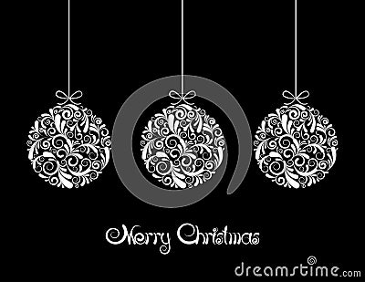 Three White Christmas balls on black background. Vector Illustration