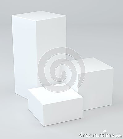 Three white cubes on graybackground. 3d rendering Stock Photo