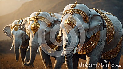 Three white elephants with golden mandalas. Stock Photo