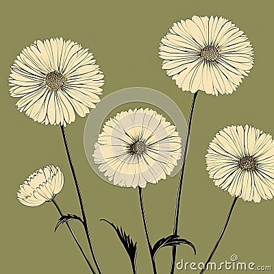 Captivating Floral Still Lifes: Nostalgic Illustration Of Four White Daisies Cartoon Illustration