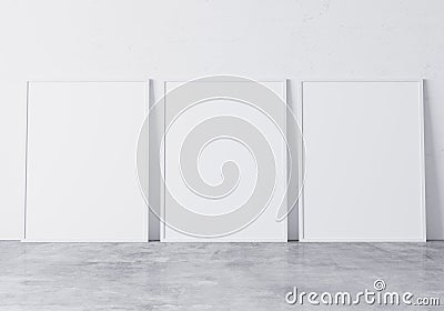 Three white frames,size A3 A4 on White Wall standing on concrete floor. Design Template for Mock Up Cartoon Illustration