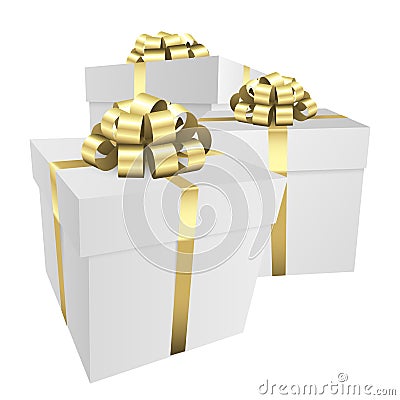 Three white gift boxes with a gold bow - Christmas and birthday present collection Stock Photo